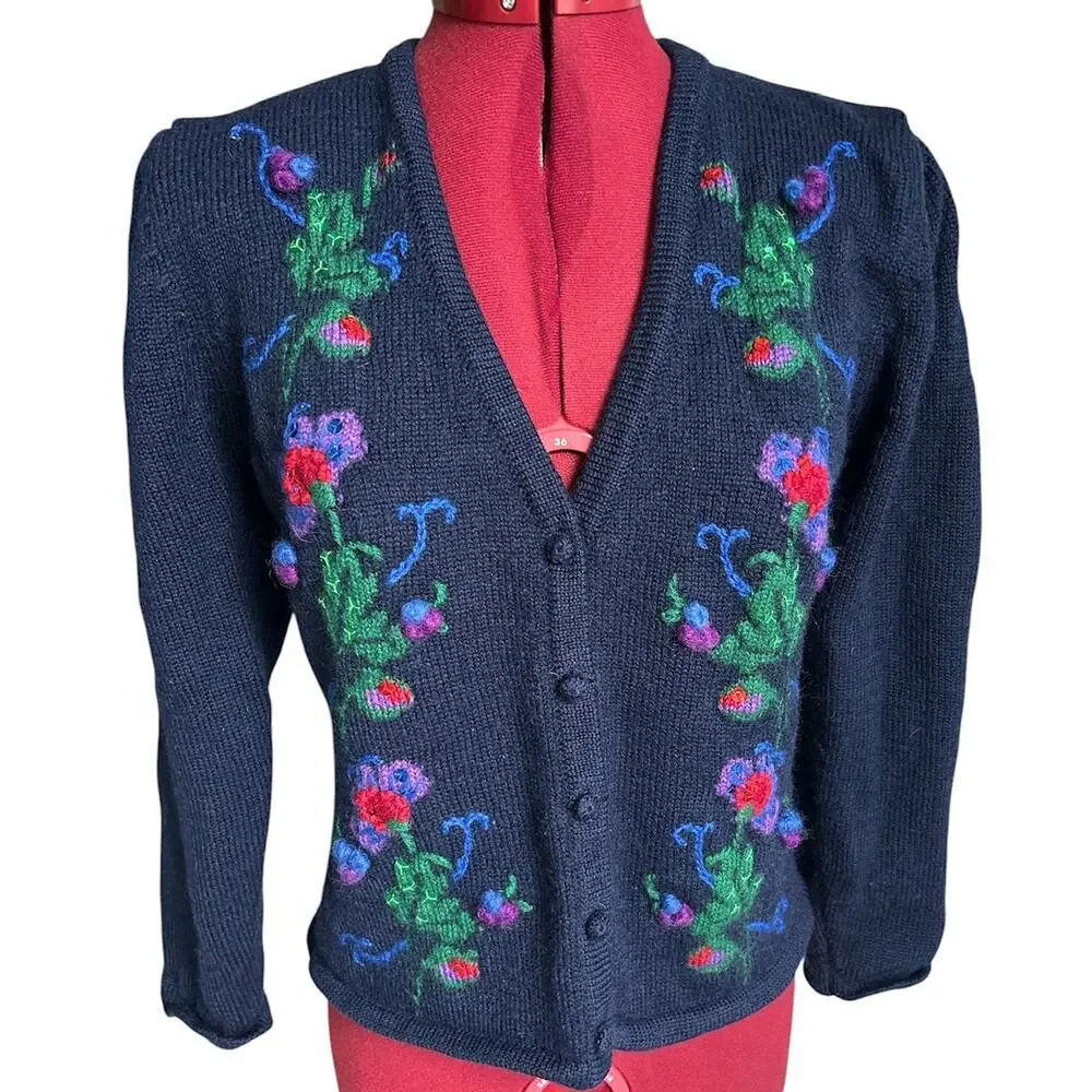 Vtg Susan Bristol Medium Worsted Wool Hand Embroidered‎ Sequin Cardigan Sweater